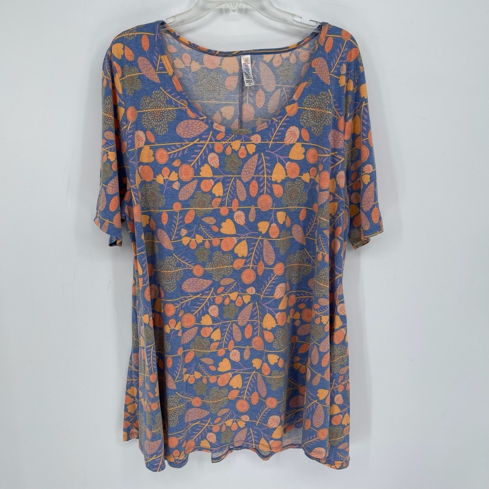 LuLaRoe Women's Blue Floral Leaf Print Stretch Short Sleeve Tunic Top Size 3XL